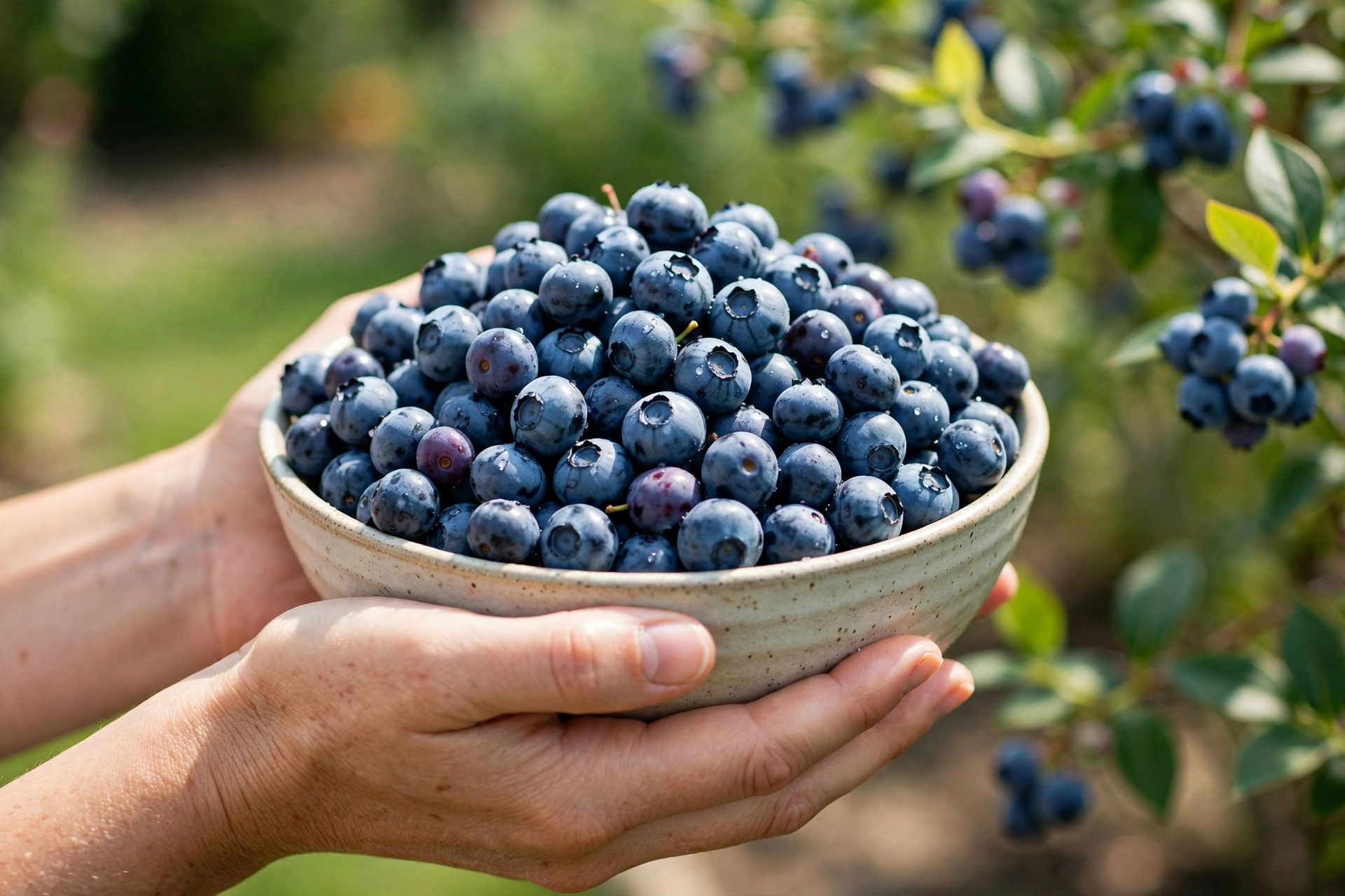 Hands holding a bowl of freshly picked blueberries
