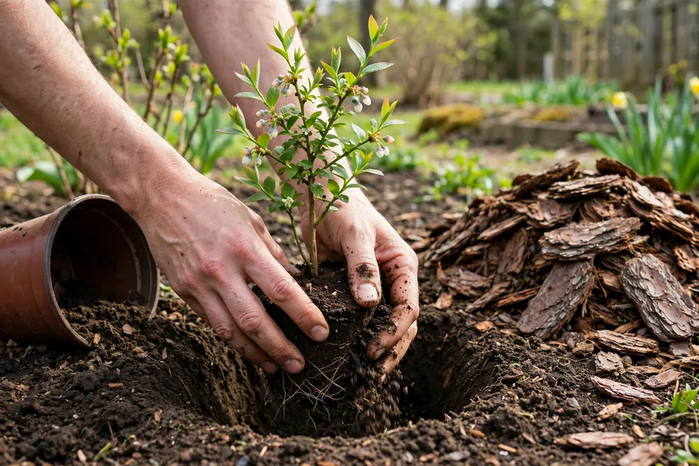 Hands planting a young blueberry bush into a prepared garden bed