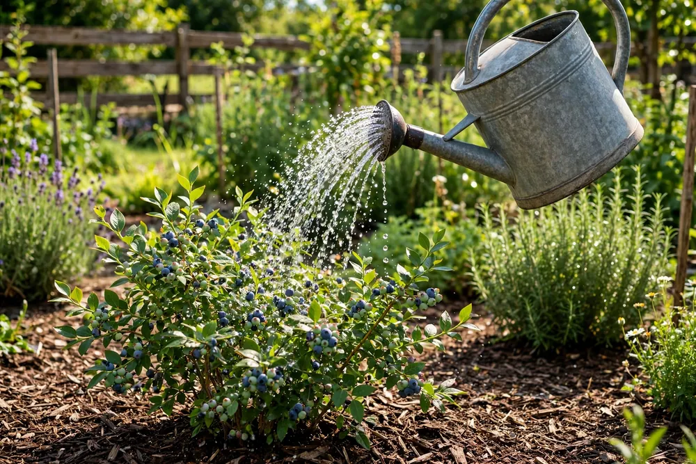 Watering a mulched blueberry bush with a watering can in summer