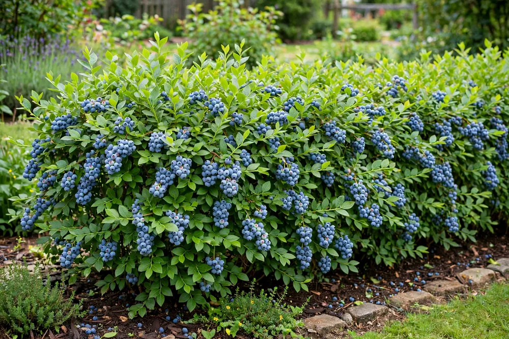 Bluegold blueberry bushes forming a berry-covered garden hedge