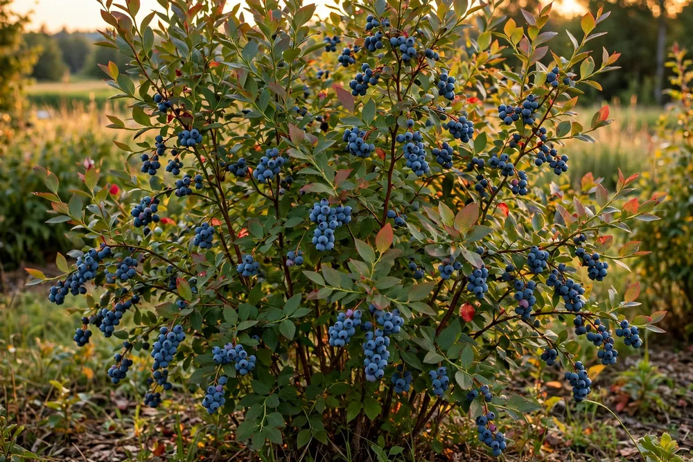 Elliott blueberry bush still carrying ripe berries in late-summer evening light