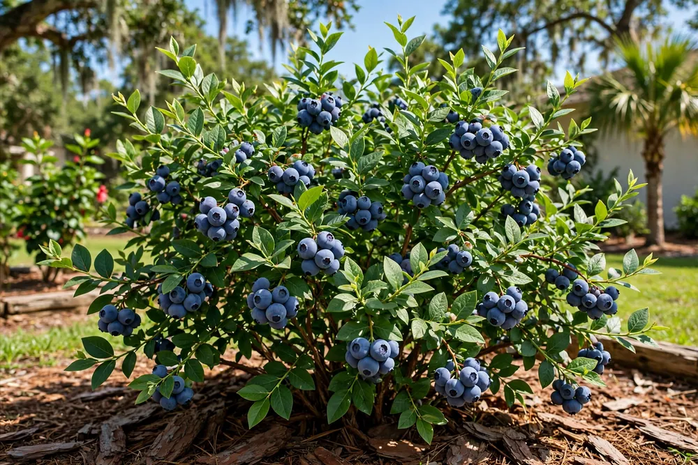 Emerald blueberry bush with large firm berries in a sunny southern garden
