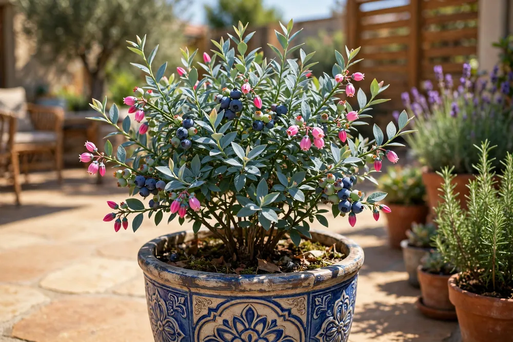 Sunshine Blue blueberry bush in a patio pot, with pink flower buds and ripe berries