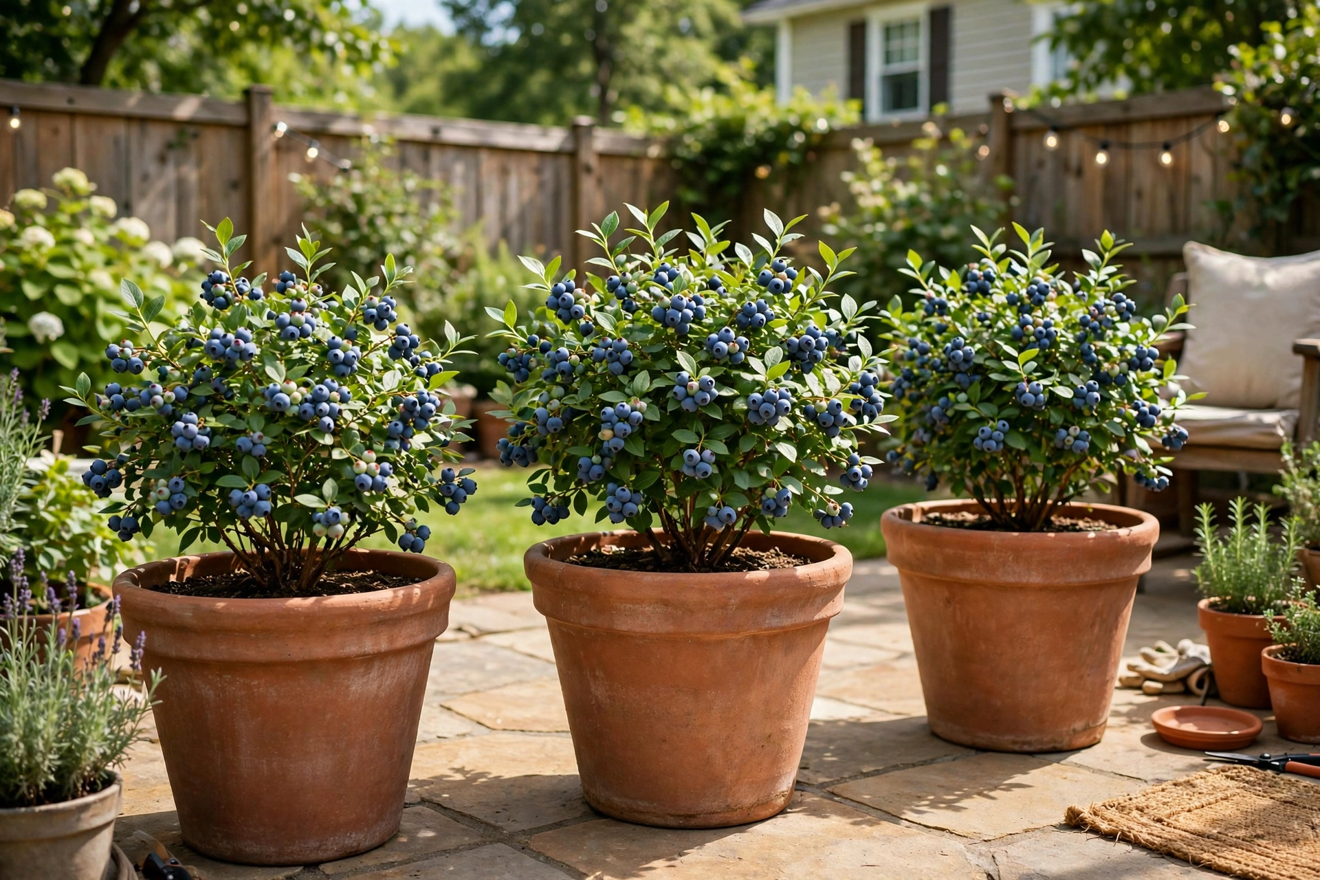 Blueberry bushes fruiting in pots on a sunny patio