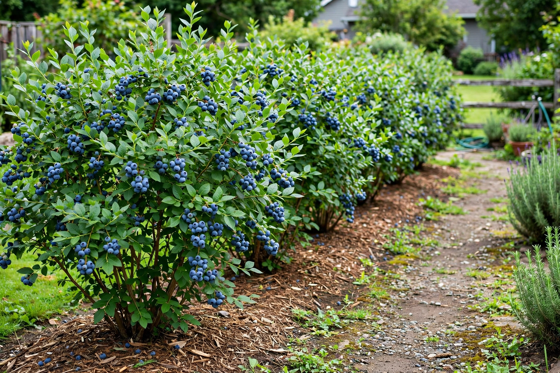 A row of blueberry bushes in a home garden